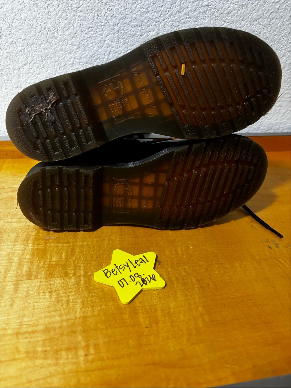 Dr. Martens Glossy Purple Patent Lace-Up Boots with Yellow Heel Loop - Picture 3 of 5